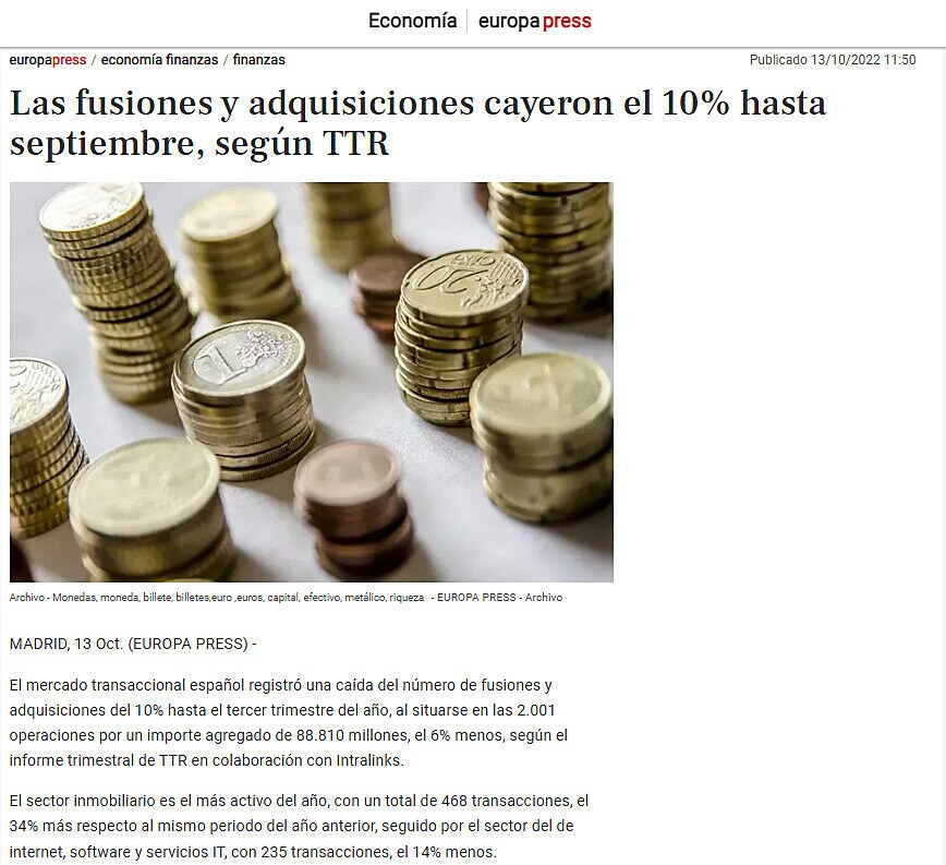 Las fusiones y adquisiciones cayeron el 10% hasta septiembre, segn TTR